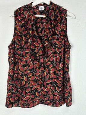 Cabi Womens Floral Leaf Print Ruffle V-Neck Sleeveless Blouse Top Large #4071
